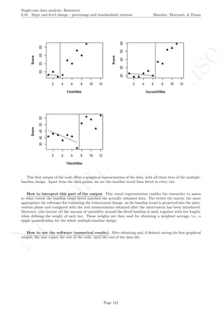No
com
m
ercialuse
Single-case data analysis: Resources
6.10 Slope and level change - percentage and standardized versions Manolov, Moeyaert, & Evans
This ﬁrst output of the code oﬀers a graphical representation of the data, with all three tiers of the multiple-
baseline design. Apart from the data points, we see the baseline trend lines ﬁtted in every tier.
How to interpret this part of the output: This visual representation enables the researcher to assess
to what extent the baseline trend ﬁtted matched the actually obtained data. The better the match, the more
appropriate the reference for evaluating the behavioural change, as the baseline trend is projected into the inter-
vention phase and compared with the real measurements obtained after the intervention has been introduced.
Moreover, (the inverse of) the amount of variability around the ﬁtted baseline is used, together with tier length,
when deﬁning the weight of each tier. These weights are then used for obtaining a weighted average, i.e., a
single quantiﬁcation for the whole multiple-baseline design.
How to use the software (numerical results): After obtaining and, if desired, saving the ﬁrst graphical
output, the user copies the rest of the code, until the end of the data ﬁle.
Page 121
 