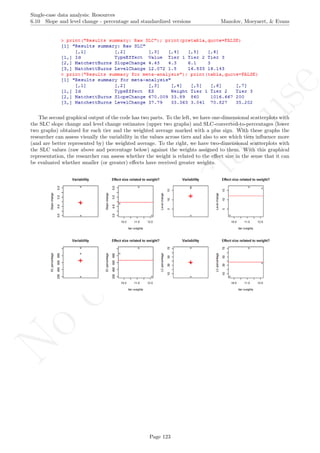 No
com
m
ercialuse
Single-case data analysis: Resources
6.10 Slope and level change - percentage and standardized versions Manolov, Moeyaert, & Evans
The second graphical output of the code has two parts. To the left, we have one-dimensional scatterplots with
the SLC slope change and level change estimates (upper two graphs) and SLC-converted-to-percentages (lower
two graphs) obtained for each tier and the weighted average marked with a plus sign. With these graphs the
researcher can assess visually the variability in the values across tiers and also to see which tiers inﬂuence more
(and are better represented by) the weighted average. To the right, we have two-dimensional scatterplots with
the SLC values (raw above and percentage below) against the weights assigned to them. With this graphical
representation, the researcher can assess whether the weight is related to the eﬀect size in the sense that it can
be evaluated whether smaller (or greater) eﬀects have received greater weights.
Page 123
 