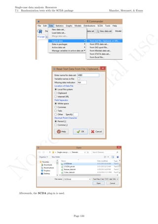No
com
m
ercialuse
Single-case data analysis: Resources
7.1 Randomization tests with the SCDA package Manolov, Moeyaert, & Evans
Afterwards, the SCDA plug-in is used.
Page 134
 