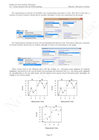 No
com
m
ercialuse
Single-case data analysis: Resources
3.1 Visual analysis with the SCDA package Manolov, Moeyaert, & Evans
For representing an estimate of variability, the corresponding sub-option is used. Note that in this case, a
measure of central tendency should also be marked, although it is later not represented on the graph.
For representing an estimate of trend, the corresponding sub-option is used. Note that in this case, a measure
of central tendency should also be marked, although it is later not represented on the graph.
These actions lead to the following plots with the median (i.e., sub-option plot measure of central
tendency) represented in the top left graph, the maximum and minimum lines (i.e., sub-option plot measure
of variability) in the top right graph, and the ordinary least squares trend (sub-option plot estimate of
trend) in the bottom graph.
Page 17
 