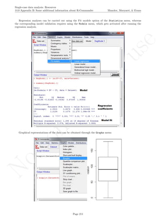 No
com
m
ercialuse
Single-case data analysis: Resources
14.0 Appendix B: Some additional information about R-Commander Manolov, Moeyaert, & Evans
Regression analyses can be carried out using the Fit models option of the Statistics menu, whereas
the corresponding model validation requires using the Models menu, which gets activated after running the
regression analysis.
Graphical representations of the data can be obtained through the Graphs menu:
Page 211
 