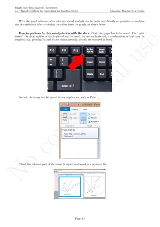 No
com
m
ercialuse
Single-case data analysis: Resources
3.4 Graph rotation for controlling for baseline trend Manolov, Moeyaert, & Evans
With the graph obtained after rotation, visual analysis can be performed directly or quantitative analyses
can be carried out after retrieving the values from the graph, as shown below.
How to perform further manipulation with the data: First, the graph has to be saved. The ”print
screen” (PrtScr) option of the keyboard can be used. In certain keyboard, a combination of keys may be
required (e.g., pressing Fn and PrtScr simultaneously, if both are coloured in blue).
Second, the image can be pasted in any application, such as Paint.
Third, the relevant part of the image is copied and saved as a separate ﬁle.
Page 30
 