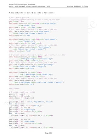 No
com
m
ercialuse
Single-case data analysis: Resources
16.17 Slope and level change - percentage version (2015) Manolov, Moeyaert, & Evans
# Copy and paste the rest of the code in the R console
# Whole number function
# Graphical representation of the raw outcome for each tier
par(mfrow=c(2,4))
stripchart(results_sc,vertical=TRUE,ylab="Slope change",
main="Variability")
points(one_sc,pch=43, col="red",cex=3)
# Plot: tiers against weights (for each tier in the MBD)
plot(tier.weights,results_sc,ylab="Slope change",
main="Effect size related to weight?")
abline(h=one_sc,col="red")
stripchart(results_lc,vertical=TRUE,ylab="Level change",
main="Variability")
points(one_lc,pch=43, col="red",cex=3)
# Plot: tiers against weights (for each tier in the MBD)
plot(tier.weights,results_lc,ylab="Level change",
main="Effect size related to weight?")
abline(h=one_lc,col="red")
# Graphical representation of the percentage outcome for each tier
stripchart(stdresults_sc,vertical=TRUE,
ylab="SC percentage",main="Variability")
points(one_stdSC,pch=43, col="red",cex=3)
# Plot: tiers against weights (for each tier in the MBD)
plot(tier.weights,stdresults_sc,ylab="SC percentage",
main="Effect size related to weight?")
abline(h=one_stdSC,col="red")
stripchart(stdresults_lc,vertical=TRUE,
ylab="LC percentage",main="Variability")
points(one_stdLC, pch=43, col="red",cex=3)
# Plot: tiers against weights (for each tier in the MBD)
plot(tier.weights,stdresults_lc,
ylab="LC percentage",main="Effect size related to weight?")
abline(h=one_stdLC,col="red")
############
# Organize output: raw results
precols <- tiers+3
pretabla <- 1:(3*precols)
dim(pretabla) <- c(3,precols)
pretabla[1,(1:3)] <- c("Id", "TypeEffect", "Value")
for (i in 1:tiers)
pretabla[1,(3+i)] <- paste("Tier",i)
pretabla[2,1] <- Data.Id
pretabla[2,2] <- "SlopeChange"
pretabla[2,3] <- round(one_sc,digits=3)
for (i in 1:tiers)
pretabla[2,(3+i)] <- round(results_sc[i],digits=3)
pretabla[3,1] <- Data.Id
pretabla[3,2] <- "LevelChange"
pretabla[3,3] <- round(one_lc,digits=3)
for (i in 1:tiers)
pretabla[3,(3+i)] <- round(results_lc[i],digits=3)
Page 341
 