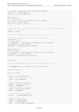 No
com
m
ercialuse
Single-case data analysis: Resources
16.18 Slope and level change - standardized version (2015) Manolov, Moeyaert, & Evans
one_sc_num <- one_sc_num + results_sc[i]*tier.weights[i]
one_sc_den <- sum(tier.weights)
one_sc <- one_sc_num / one_sc_den
one_lc_num <- 0
for (i in 1:tiers)
one_lc_num <- one_lc_num + results_lc[i]*tier.weights[i]
one_lc_den <- sum(tier.weights)
one_lc <- one_lc_num / one_lc_den
# Obtain the weight of the single effect size - it's a weight for the meta-analysis
# Weight 1: series length
weight <- sum(obs)
# Obtain the standardized-version of the SLC values for each tier
# Obtain the standardized-version of the weighted average
one_stdSC_num <- 0
for (i in 1:tiers)
one_stdSC_num <- one_stdSC_num + stdresults_sc[i]*tier.weights[i]
one_stdSC_den <- sum(tier.weights)
one_stdSC <- one_stdSC_num / one_stdSC_den
one_stdLC_num <- 0
for (i in 1:tiers)
one_stdLC_num <- one_stdLC_num + stdresults_lc[i]*tier.weights[i]
one_stdLC_den <- sum(tier.weights)
one_stdLC <- one_stdLC_num / one_stdLC_den
############
# Graphical representation of the data & the fitted baseline trend
if (tiers%%2==0) rows <- tiers/2 else rows <- (tiers+1)/2
par(mfrow=c(rows,2))
for (i in 1:tiers)
{
tempo <- subset(MBD,Tier==i)
# Number of observations for the tier
obs[i] <- max(tempo$Time)
# Data corresponding to phase A
Atemp <- subset(tempo,Phase==0)
Aphase <- Atemp$Score
# Data corresponding to phase B
Btemp <- subset(tempo,Phase==1)
Bphase <- Btemp$Score
# Obtain the predicted baseline
Atrend <- slc(Aphase,Bphase)[[5]]
# Represent graphically
ABphase <- c(Aphase,Bphase)
indep <- 1:length(ABphase)
ymin <- min(min(Atrend),min(ABphase))
Page 347
 