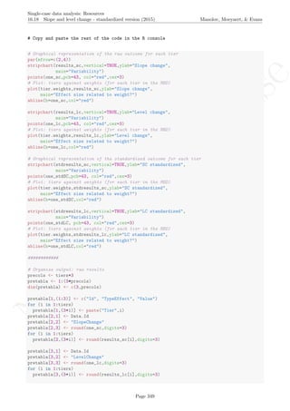 No
com
m
ercialuse
Single-case data analysis: Resources
16.18 Slope and level change - standardized version (2015) Manolov, Moeyaert, & Evans
# Copy and paste the rest of the code in the R console
# Graphical representation of the raw outcome for each tier
par(mfrow=c(2,4))
stripchart(results_sc,vertical=TRUE,ylab="Slope change",
main="Variability")
points(one_sc,pch=43, col="red",cex=3)
# Plot: tiers against weights (for each tier in the MBD)
plot(tier.weights,results_sc,ylab="Slope change",
main="Effect size related to weight?")
abline(h=one_sc,col="red")
stripchart(results_lc,vertical=TRUE,ylab="Level change",
main="Variability")
points(one_lc,pch=43, col="red",cex=3)
# Plot: tiers against weights (for each tier in the MBD)
plot(tier.weights,results_lc,ylab="Level change",
main="Effect size related to weight?")
abline(h=one_lc,col="red")
# Graphical representation of the standardized outcome for each tier
stripchart(stdresults_sc,vertical=TRUE,ylab="SC standardized",
main="Variability")
points(one_stdSC,pch=43, col="red",cex=3)
# Plot: tiers against weights (for each tier in the MBD)
plot(tier.weights,stdresults_sc,ylab="SC standardized",
main="Effect size related to weight?")
abline(h=one_stdSC,col="red")
stripchart(stdresults_lc,vertical=TRUE,ylab="LC standardized",
main="Variability")
points(one_stdLC, pch=43, col="red",cex=3)
# Plot: tiers against weights (for each tier in the MBD)
plot(tier.weights,stdresults_lc,ylab="LC standardized",
main="Effect size related to weight?")
abline(h=one_stdLC,col="red")
############
# Organize output: raw results
precols <- tiers+3
pretabla <- 1:(3*precols)
dim(pretabla) <- c(3,precols)
pretabla[1,(1:3)] <- c("Id", "TypeEffect", "Value")
for (i in 1:tiers)
pretabla[1,(3+i)] <- paste("Tier",i)
pretabla[2,1] <- Data.Id
pretabla[2,2] <- "SlopeChange"
pretabla[2,3] <- round(one_sc,digits=3)
for (i in 1:tiers)
pretabla[2,(3+i)] <- round(results_sc[i],digits=3)
pretabla[3,1] <- Data.Id
pretabla[3,2] <- "LevelChange"
pretabla[3,3] <- round(one_lc,digits=3)
for (i in 1:tiers)
pretabla[3,(3+i)] <- round(results_lc[i],digits=3)
Page 349
 