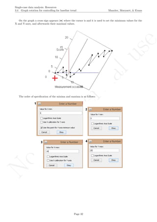 No
com
m
ercialuse
Single-case data analysis: Resources
3.4 Graph rotation for controlling for baseline trend Manolov, Moeyaert, & Evans
On the graph a cross sign appears ( ) where the cursor is and it is used to set the minimum values for the
X and Y-axes, and afterwards their maximal values.
The order of speciﬁcation of the minima and maxima is as follows:
Page 32
 
