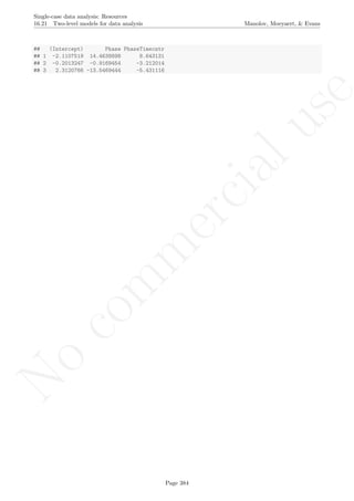 No
com
m
ercialuse
Single-case data analysis: Resources
16.21 Two-level models for data analysis Manolov, Moeyaert, & Evans
## (Intercept) Phase PhaseTimecntr
## 1 -2.1107519 14.4638898 8.643131
## 2 -0.2013247 -0.9169454 -3.212014
## 3 2.3120766 -13.5469444 -5.431116
Page 384
 