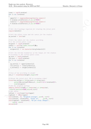 No
com
m
ercialuse
Single-case data analysis: Resources
16.23 Meta-analysis using the MPD and SLC Manolov, Moeyaert, & Evans
lower <- rep(0,studies)
for (i in 1:studies)
{
upper[i] <- suppressWarnings(max(as.numeric(
+ studies.alleffects[i,]),na.rm=TRUE))
lower[i] <- suppressWarnings(min(as.numeric(
+ studies.alleffects[i,]),na.rm=TRUE))
}
# Call the R package required for creating the forest plot
require(metafor)
# Sort the effect sizes and the labels for the studies
es_sorted <- sort(es)
# Sort the labels for the studies according
# to the sorted effect sizes
etiqsort <- rep(0,studies)
orders <- sort(es,index.return=T)$ix
for (i in 1:studies)
etiqsort[i] <- as.character(etiq[orders[i]])
# Sort the min-max boundaries of the ranges for the studies
# according to the sorted effect sizes
up_sort <- rep(0,studies)
low_sort <- rep(0,studies)
for (i in 1:studies)
{
up_sort[i] <- upper[orders[i]]
low_sort[i] <- lower[orders[i]]
w_sorted[i] <- weight[orders[i]]
}
# Size of box according to weight
ave_w <- round(mean(weight),digits=0)
# Obtain the forest plot (ES in ascending order)
forest(es_sorted,ci.lb=low_sort,ci.ub=up_sort,
psize=2*w_sorted/(2*ave_w), ylim=c(-2.5,(studies+3)),
slab=etiqsort)
# Add the weighted average
addpoly.default(stdES,ci.lb=min(es),ci.ub=max(es),
rows=-2,annotate=TRUE,efac=4,cex=1)
# Add lables
leftest <- min(lower)-max(upper)
rightest <- 2*max(upper)
text(leftest, -2, "Weighted average", pos=4, cex=1)
text(leftest, (studies+2), "Study Id", pos=4, cex=1)
text(rightest, (studies+2), "ES per study [Range]",
pos=2, cex=1)
abline(h=0)
Page 392
 