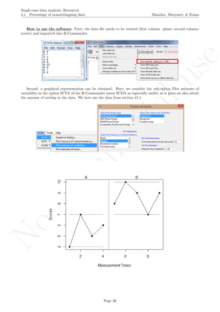 No
com
m
ercialuse
Single-case data analysis: Resources
4.1 Percentage of nonoverlapping data Manolov, Moeyaert, & Evans
How to use the software: First, the data ﬁle needs to be created (ﬁrst column: phase; second column:
scores) and imported into R-Commander.
Second, a graphical representation can be obtained. Here, we consider the sub-option Plot estimate of
variability in the option SCVA of the R-Commander menu SCDA as especially useful, as it gives an idea about
the amount of overlap in the data. We here use the data from section 15.1.
Page 36
 