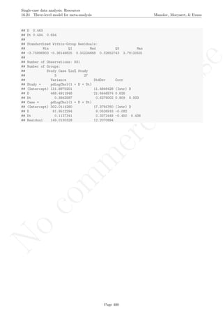No
com
m
ercialuse
Single-case data analysis: Resources
16.24 Three-level model for meta-analysis Manolov, Moeyaert, & Evans
## D 0.463
## Dt 0.494 0.694
##
## Standardized Within-Group Residuals:
## Min Q1 Med Q3 Max
## -3.75896903 -0.36149825 0.00224668 0.32652743 3.78120531
##
## Number of Observations: 931
## Number of Groups:
## Study Case %in% Study
## 5 27
## Variance StdDev Corr
## Study = pdLogChol(1 + D + Dt)
## (Intercept) 131.8970201 11.4846428 (Intr) D
## D 468.4911948 21.6446574 0.626
## Dt 0.3942587 0.6279002 0.809 0.933
## Case = pdLogChol(1 + D + Dt)
## (Intercept) 302.0114280 17.3784760 (Intr) D
## D 81.9512294 9.0526918 -0.082
## Dt 0.1137341 0.3372449 -0.450 0.436
## Residual 149.0130328 12.2070894
Page 400
 
