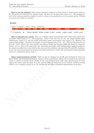 No
com
m
ercialuse
Single-case data analysis: Resources
4.4 Nonoverlap of all pairs Manolov, Moeyaert, & Evans
How to use the software: Each column represents a phase (e.g., ﬁrst column is A and second column is
B). The scores are entered in the dialogue boxes. We here use the data from section 15.1. The headings for
each of the columns should be marked in order to obtain the quantiﬁcation via the contrast option. Clicking
on contrast the results are obtained.
How to interpret the results: There are 4 baseline phase measurements and 5 intervention phase mea-
surements, which totals 4 × 5 = 20 comparisons. There is only one case of a tie: the second baseline phase
measurement (equal to 7) and the fourth intervention phase measurement (also equal to 7). However, ties
count as half overlaps. Therefore the number of nonoverlapping pairs is 20 − 0.5 = 19.5 and the proportion is
19.5/20 = 0.975, which is the value of NAP. According to Parker and Vannest (2009) this would be a large dif-
ference, as it is a value in the range 0.93–1.00. Among the potentially useful information for applied researchers,
the output also oﬀers the p value (0.02 in this case) and the conﬁdence intervals with 85% and 90% conﬁdence.
In this case, given the shortness of the data series these intervals are rather wide and actually include impossible
values (i.e., proportions greater than 1).
Other implementations of NAP: NAP can also be obtained via the R code developed for Tau-U by
Kevin Tarlow and mentioned in Brossart, Vannest, Davis, and Patience (2014). We recommend the interested
reader to consult see section 4.6 for details. In the code described there, NAP takes approximately the same
value as the output under the label “A vs. B”, with the diﬀerence being how ties are treated - as half an overlap
(NAP) or as a complete overlap (A vs. B). The R code also oﬀers a graphical representation of the data.
Page 45
 