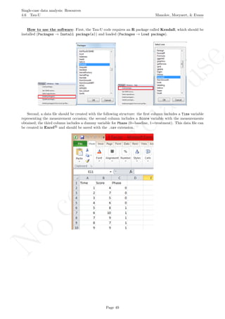 No
com
m
ercialuse
Single-case data analysis: Resources
4.6 Tau-U Manolov, Moeyaert, & Evans
How to use the software: First, the Tau-U code requires an R package called Kendall, which should be
installed (Packages → Install package(s)) and loaded (Packages → Load package).
Second, a data ﬁle should be created with the following structure: the ﬁrst column includes a Time variable
representing the measurement occasion; the second column includes a Score variable with the measurements
obtained; the third column includes a dummy variable for Phase (0=baseline, 1=treatment). This data ﬁle can
be created in Excel R
and should be saved with the .csv extension.
Page 49
 