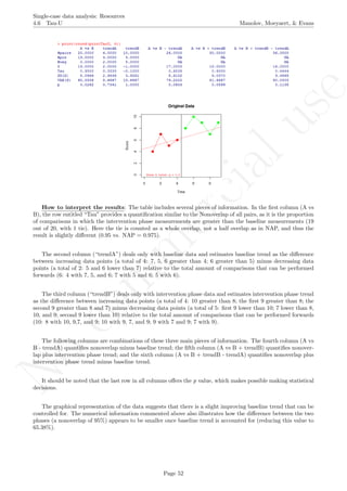 No
com
m
ercialuse
Single-case data analysis: Resources
4.6 Tau-U Manolov, Moeyaert, & Evans
How to interpret the results: The table includes several pieces of information. In the ﬁrst column (A vs
B), the row entitled “Tau” provides a quantiﬁcation similar to the Nonoverlap of all pairs, as it is the proportion
of comparisons in which the intervention phase measurements are greater than the baseline measurements (19
out of 20, with 1 tie). Here the tie is counted as a whole overlap, not a half overlap as in NAP, and thus the
result is slightly diﬀerent (0.95 vs. NAP = 0.975).
The second column (“trendA”) deals only with baseline data and estimates baseline trend as the diﬀerence
between increasing data points (a total of 4: 7, 5, 6 greater than 4; 6 greater than 5) minus decreasing data
points (a total of 2: 5 and 6 lower than 7) relative to the total amount of comparisons that can be performed
forwards (6: 4 with 7, 5, and 6; 7 with 5 and 6; 5 with 6).
The third column (“trendB”) deals only with intervention phase data and estimates intervention phase trend
as the diﬀerence between increasing data points (a total of 4: 10 greater than 8; the ﬁrst 9 greater than 8; the
second 9 greater than 8 and 7) minus decreasing data points (a total of 5: ﬁrst 9 lower than 10; 7 lower than 8,
10, and 9; second 9 lower than 10) relative to the total amount of comparisons that can be performed forwards
(10: 8 with 10, 9,7, and 9; 10 with 9, 7, and 9; 9 with 7 and 9; 7 with 9).
The following columns are combinations of these three main pieces of information. The fourth column (A vs
B - trendA) quantiﬁes nonoverlap minus baseline trend; the ﬁfth column (A vs B + trendB) quantiﬁes nonover-
lap plus intervention phase trend; and the sixth column (A vs B + trendB - trendA) quantiﬁes nonoverlap plus
intervention phase trend minus baseline trend.
It should be noted that the last row in all columns oﬀers the p value, which makes possible making statistical
decisions.
The graphical representation of the data suggests that there is a slight improving baseline trend that can be
controlled for. The numerical information commented above also illustrates how the diﬀerence between the two
phases (a nonoverlap of 95%) appears to be smaller once baseline trend is accounted for (reducing this value to
65.38%).
Page 52
 