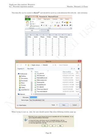 No
com
m
ercialuse
Single-case data analysis: Resources
6.2 Piecewise regression analysis Manolov, Moeyaert, & Evans
This data ﬁle can be created in Excel R
and should be saved as a tab-delimited ﬁle with the .txt extension.
When trying to save as .txt, the user should answer Yes when following window pops up:
Page 69
 