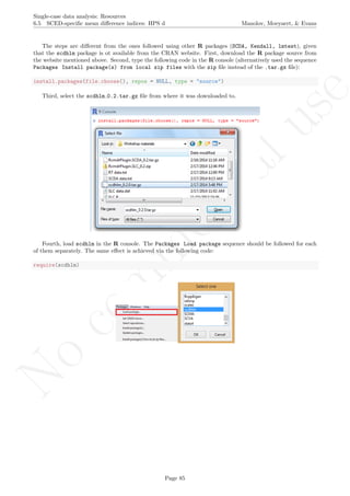 No
com
m
ercialuse
Single-case data analysis: Resources
6.5 SCED-speciﬁc mean diﬀerence indices: HPS d Manolov, Moeyaert, & Evans
The steps are diﬀerent from the ones followed using other R packages (SCDA, Kendall, lmtest), given
that the scdhlm package is ot available from the CRAN website. First, download the R package source from
the website mentioned above. Second, type the following code in the R console (alternatively used the sequence
Packages Install package(s) from local zip files with the zip ﬁle instead of the .tar.gz ﬁle):
install.packages(file.choose(), repos = NULL, type = "source")
Third, select the scdhlm 0.2.tar.gz ﬁle from where it was downloaded to.
Fourth, load scdhlm in the R console. The Packages Load package sequence should be followed for each
of them separately. The same eﬀect is achieved via the following code:
require(scdhlm)
Page 85
 