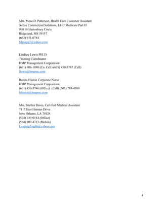 4
Mrs. Mesa D. Patterson, Health Care Customer Assistant
Xerox Commercial Solutions, LLC/ Medicare Part D
908 B Glastonbury Circle
Ridgeland, MS 39157
(662) 931-0784
Mesapg2@yahoo.com
Lindsey Lewis PH. D
Training Coordinator
HMP Management Corporation
(601) 606-1898 (Co. Cell) (601) 450-3747 (Cell)
llewis@hmpmc.com
Bonita Hinton Corporate Nurse
HMP Management Corporation
(601) 450-3746 (Office) (Cell) (601) 788-4389
bhinton@hmpmc.com
Mrs. Shellee Davis, Certified Medical Assistant
7117 East Hermes Drive
New Orleans, LA 70126
(504) 949-0144 (Office)
(504) 909-4713 (Mobile)
Leapingfrog66@yahoo.com
 