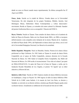 dando un curso en Hawai cuando muere repentinamente. Su última coreografía fue El
Ángel azul (2002).


Ponce, Jesús. Nacido en la ciudad de México. Estudia danza en la Universidad
Veracruzana. Ha sido integrante de los grupos Veradanza, Módulo, Jarocho, José
Domínguez Danza, Subterráneo Danza Contemporánea y Librae danza-teatro-
movimiento. Reside en Tijuana y es miembro del centro cultural La Alborada. Ganador
del premio Guillermina Bravo con su coreografía Y. Becario del FONCA.


Reyes, Victoria. Nacida en Tijuana. Tiene estudios de danza clásica en la Academia de
ballet de Playas de Rosarito. Baila con Lux Boreal desde 2004 y en 2006 se incorpora
definitivamente a esta compañía como intérprete de la misma. Maestra de la Academia
de ballet de Playas desde 1994 y del Diplomado en danza clásica que ofrece, con el aval
de la Universidad Pedagógica Nacional, Lux Boreal en la actualidad.


Robles Regalado, Margarita. Nació en Mazatlán, Sinaloa. Pionera de la danza clásica
profesional en Baja California. En 1963 funda en Tijuana la escuela de danza Gloria
Campobello con el apoyo de Nellie Campobello, entonces directora de la Escuela
Nacional de Danza. En 1982 funda la Compañía Gloria Campobello, hoy Ballet del
Noroeste de México. En 1994 recibe el reconocimiento “Una vida en la danza” por parte
de INBA-CONACULTA. Es parte del Paseo de la Fama de Tijuana y recibe, por la
fundación Ricardo Montalbán de Los Ángeles, el premio “El Águila” por su labor
educativa y difusora del arte.


Quintero, Julio César. Nacido en 1969. Empieza estudios de danza folklórica mexicana
en Guadalajara y luego en Nayarit. En 1984 ingresa al taller de danza folklórica Ollín
Yoliztli de la UABC como bailarín. A la muerte de José Luis Parra, su director y
fundador, se convierte en su director artístico, mientras que Ricardo Higuera queda como
su director técnico. Actualmente es subdirector de la Escuela de Artes de la UABC.




                                                                                     25
 