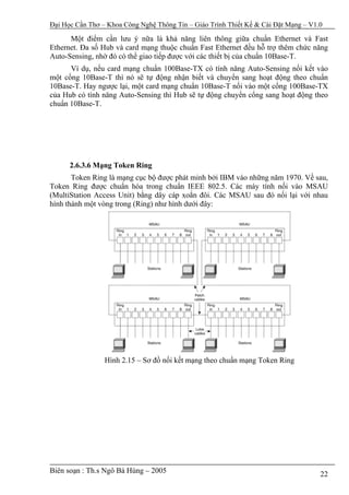 Đại Học Cần Thơ – Khoa Công Nghệ Thông Tin – Giáo Trình Thiết Kế & Cài Đặt Mạng – V1.0

      Một điểm cần lưu ý nữa là khả năng liên thông giữa chuẩn Ethernet và Fast
Ethernet. Đa số Hub và card mạng thuộc chuẩn Fast Ethernet đều hỗ trợ thêm chức năng
Auto-Sensing, nhờ đó có thể giao tiếp được với các thiết bị của chuẩn 10Base-T.
      Ví dụ, nếu card mạng chuẩn 100Base-TX có tính năng Auto-Sensing nối kết vào
một cổng 10Base-T thì nó sẽ tự động nhận biết và chuyển sang hoạt động theo chuẩn
10Base-T. Hay ngược lại, một card mạng chuẩn 10Base-T nối vào một cổng 100Base-TX
của Hub có tính năng Auto-Sensing thì Hub sẽ tự động chuyển cổng sang hoạt động theo
chuẩn 10Base-T.




      2.6.3.6 Mạng Token Ring
       Token Ring là mạng cục bộ được phát minh bởi IBM vào những năm 1970. Về sau,
Token Ring được chuẩn hóa trong chuẩn IEEE 802.5. Các máy tính nối vào MSAU
(MultiStation Access Unit) bằng dây cáp xoắn đôi. Các MSAU sau đó nối lại với nhau
hình thành một vòng trong (Ring) như hình dưới đây:




                 Hình 2.15 – Sơ đồ nối kết mạng theo chuẩn mạng Token Ring




Biên soạn : Th.s Ngô Bá Hùng – 2005                                                  22
 