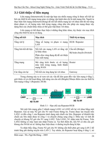 Đại Học Cần Thơ – Khoa Công Nghệ Thông Tin – Giáo Trình Thiết Kế & Cài Đặt Mạng – V1.0

3.1 Giới thiệu về liên mạng
       Liên mạng (Internetwork) là một tập hợp của nhiều mạng riêng lẻ được nối kết lại
bởi các thiết bị nối mạng trung gian và chúng vận hành như chỉ là một mạng lớn. Người ta
thực hiện liên mạng (Internetworking) để nối kết nhiều mạng lại với nhau nhờ đó mở rộng
được phạm vi, số lượng máy tính trong mạng, cũng như cho phép các mạng được xây
dựng theo các chuẩn khác nhau có thể giao tiếp được với nhau.
      Liên mạng có thể được thực hiện ở những tầng khác nhau, tùy thuộc vào mục đích
cũng như thiết bị mà ta sử dụng.

Tầng nối kết            Mục đích                              Thiết bị sử dụng

Tầng vật lý             Tăng số lượng và phạm vi mạng HUB / Repeater
                        LAN

Tầng liên kết dữ liệu   Nối kết các mạng LAN có tầng vật Cầu nối (Bridge)
                        lý khác nhau                        Bộ hoán chuyển (Switch)
                        Phân chia vùng đụng độ để cải thiện
                        hiệu suất mạng

Tầng mạng               Mở rộng kích thước và số lượng Router
                        máy tính trong mạng, hình thành
                        mạng WAN

Các tầng còn lại        Nối kết các ứng dụng lại với nhau     Gateway

        Trong chương này ta sẽ xem xét các vấn đề liên quan đến việc liên mạng ở tầng 2,
giới thiệu về cơ chế hoạt động, tính năng của cầu nối (Brigde).Nhược điểm của các thiết bị
liên mạng ở tầng 1 (Repeater, HUB)




                                       1                2


                             Hình 3.1 – Hạn chế của Repeater/HUB
      Xét một liên mạng gồm 2 nhánh mạng LAN1 và LAN2 nối lại với nhau bằng một
Repeater. Giả sử máy N2 gởi cho N1 một Frame thông tin. Frame được lan truyền trên
LAN1 và đến cổng 1 của Repeater dưới dạng một chuỗi các bits. Repeater sẽ khuếch đại
chuỗi các bits nhận được từ cổng 1 và chuyển chúng sang cổng 2. Điều này vô tình đã
chuyển cả khung N2 gởi cho N1 sang LAN2. Trên LAN1, N1 nhận toàn bộ Frame. Trên
LAN2 không có máy trạm nào nhận Frame cả. Tại thời điểm đó, nếu N5 có nhu cầu gởi
khung cho N4 thì nó sẽ không thực hiện được vì đường truyền đang bị bận.
       Ta nhận thấy rằng, Frame N2 gởi cho N1 không cần thiết phải gởi sang LAN 2 để
tránh lãng phí đường truyền trên LAN 2. Tuy nhiên, do Repeater hoạt động ở tầng 1, nó

Biên soạn : Th.s Ngô Bá Hùng – 2005                                                    24
 