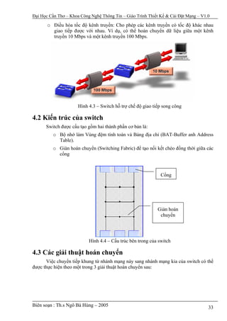 Đại Học Cần Thơ – Khoa Công Nghệ Thông Tin – Giáo Trình Thiết Kế & Cài Đặt Mạng – V1.0

       o Điều hòa tốc độ kênh truyền: Cho phép các kênh truyền có tốc độ khác nhau
         giao tiếp được với nhau. Ví dụ, có thể hoán chuyển dữ liệu giữa một kênh
         truyền 10 Mbps và một kênh truyền 100 Mbps.




                      Hình 4.3 – Switch hỗ trợ chế độ giao tiếp song công

4.2 Kiến trúc của switch
      Switch được cấu tạo gồm hai thành phần cơ bản là:
         o Bộ nhớ làm Vùng đệm tính toán và Bảng địa chỉ (BAT-Buffer anh Address
           Table).
         o Giàn hoán chuyển (Switching Fabric) để tạo nối kết chéo đồng thời giữa các
           cổng



                                                              Cổng




                                                             Giàn hoán
                                                              chuyển




                           Hình 4.4 – Cấu trúc bên trong của switch

4.3 Các giải thuật hoán chuyển
      Việc chuyển tiếp khung từ nhánh mạng này sang nhánh mạng kia của switch có thể
được thực hiện theo một trong 3 giải thuật hoán chuyển sau:




Biên soạn : Th.s Ngô Bá Hùng – 2005                                                  33
 