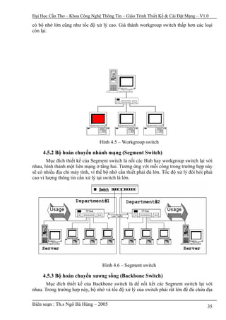 Đại Học Cần Thơ – Khoa Công Nghệ Thông Tin – Giáo Trình Thiết Kế & Cài Đặt Mạng – V1.0

có bộ nhớ lớn cũng như tốc độ xử lý cao. Giá thành workgroup switch thấp hơn các loại
còn lại.




                                  Hình 4.5 – Workgroup switch

     4.5.2 Bộ hoán chuyến nhánh mạng (Segment Switch)
       Mục đích thiết kế của Segment switch là nối các Hub hay workgroup switch lại với
nhau, hình thành một liên mạng ở tầng hai. Tương ứng với mỗi cổng trong trường hợp này
sẽ có nhiều địa chỉ máy tính, vì thế bộ nhớ cần thiết phải đủ lớn. Tốc độ xử lý đòi hỏi phải
cao vì lượng thông tin cần xử lý tại switch là lớn.




                                   Hình 4.6 – Segment switch

     4.5.3 Bộ hoán chuyển xương sống (Backbone Switch)
       Mục đích thiết kế của Backbone switch là để nối kết các Segment switch lại với
nhau. Trong trường hợp này, bộ nhớ và tốc độ xử lý của switch phải rất lớn để đủ chứa địa

Biên soạn : Th.s Ngô Bá Hùng – 2005                                                      35
 