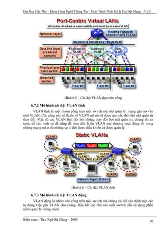 Đại Học Cần Thơ – Khoa Công Nghệ Thông Tin – Giáo Trình Thiết Kế & Cài Đặt Mạng – V1.0




                           Hình 6.5 – Cài đặt VLAN dựa trên cổng

     6.7.2 Mô hình cài đặt VLAN tĩnh
       VLAN tĩnh là một nhóm cổng trên một switch mà nhà quản trị mạng gán nó vào
một VLAN. Các cổng này sẽ thuộc về VLAN mà nó đã được gán cho đến khi nhà quản trị
thay đổi. Mặc dù các VLAN tĩnh đòi hỏi những thay đổi bởi nhà quản trị, chúng thì an
toàn, dễ cấu hình và dễ dàng để theo dõi. Kiểu VLAN này thường hoạt động tốt trong
những mạng mà ở đó những sự di dời được điều khiển và được quản lý.




                                Hình 6.6 – Cài đặt VLAN tĩnh

     6.7.3 Mô hình cài đặt VLAN động
      VLAN động là nhóm các cổng trên một switch mà chúng có thể xác định một các
tự động việc gán VLAN cho chúng. Hầu hết các nhà sản xuất switch đều sử dụng phần
mềm quản lý thông minh.

Biên soạn : Th.s Ngô Bá Hùng – 2005                                                  70
 