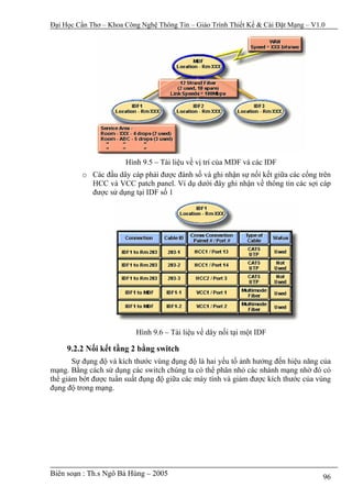 Đại Học Cần Thơ – Khoa Công Nghệ Thông Tin – Giáo Trình Thiết Kế & Cài Đặt Mạng – V1.0




                       Hình 9.5 – Tài liệu về vị trí của MDF và các IDF
         o Các đầu dây cáp phải được đánh số và ghi nhận sự nối kết giữa các cổng trên
           HCC và VCC patch panel. Ví dụ dưới đây ghi nhận về thông tin các sợi cáp
           được sử dụng tại IDF số 1




                          Hình 9.6 – Tài liệu về dây nối tại một IDF

     9.2.2 Nối kết tầng 2 bằng switch
       Sự đụng độ và kích thước vùng đụng độ là hai yếu tố ảnh hưởng đến hiệu năng của
mạng. Bằng cách sử dụng các switch chúng ta có thể phân nhỏ các nhánh mạng nhờ đó có
thể giảm bớt được tuần suất đụng độ giữa các máy tính và giảm được kích thước của vùng
đụng độ trong mạng.




Biên soạn : Th.s Ngô Bá Hùng – 2005                                                  96
 