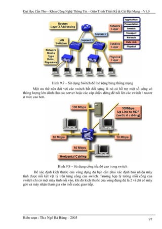 Đại Học Cần Thơ – Khoa Công Nghệ Thông Tin – Giáo Trình Thiết Kế & Cài Đặt Mạng – V1.0




                    Hình 9.7 – Sử dụng Switch để mở rộng băng thông mạng
       Một ưu thế nữa đối với các switch bất đối xứng là nó có hỗ trợ một số cổng có
thông lượng lớn dành cho các server hoặc các cáp chiều dứng để nối lên các switch / router
ở mức cao hơn.




                        Hình 9.8 – Sử dụng cổng tốc độ cao trong switch
       Để xác định kích thước của vùng đụng độ bạn cần phải xác định bao nhiêu máy
tính được nối kết vật lý trên từng cổng của switch. Trường hợp lý tưởng mỗi cổng của
switch chỉ có một máy tính nối vào, khi đó kích thước của vùng đụng độ là 2 vì chỉ có máy
gởi và máy nhận tham gia vào mỗi cuộc giao tiếp.




Biên soạn : Th.s Ngô Bá Hùng – 2005                                                    97
 