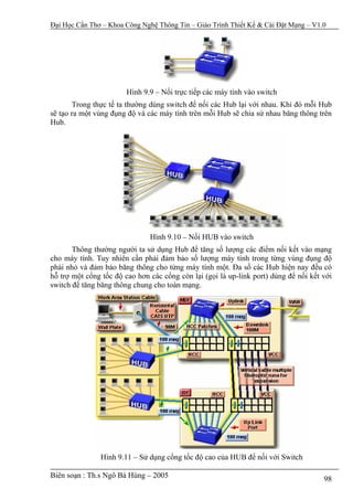 Đại Học Cần Thơ – Khoa Công Nghệ Thông Tin – Giáo Trình Thiết Kế & Cài Đặt Mạng – V1.0




                        Hình 9.9 – Nối trực tiếp các máy tính vào switch
       Trong thực tế ta thường dùng switch để nối các Hub lại với nhau. Khi đó mỗi Hub
sẽ tạo ra một vùng đụng độ và các máy tính trên mỗi Hub sẽ chia sử nhau băng thông trên
Hub.




                               Hình 9.10 – Nối HUB vào switch
       Thông thường người ta sử dụng Hub để tăng số lượng các điểm nối kết vào mạng
cho máy tính. Tuy nhiên cần phải đảm bảo số lượng máy tính trong từng vùng đụng độ
phải nhỏ và đảm bảo băng thông cho từng máy tính một. Đa số các Hub hiện nay đều có
hỗ trợ một cổng tốc độ cao hơn các cổng còn lại (gọi là up-link port) dùng để nối kết với
switch để tăng băng thông chung cho toàn mạng.




               Hình 9.11 – Sử dụng cổng tốc độ cao của HUB để nối với Switch

Biên soạn : Th.s Ngô Bá Hùng – 2005                                                   98
 