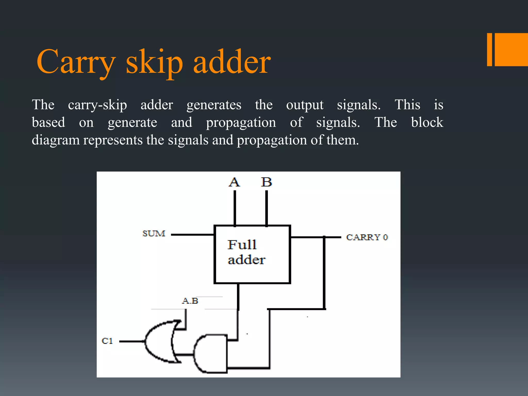 Carry skip adder
The carry-skip adder generates the output signals. This is
based on generate and propagation of signals. The block
diagram represents the signals and propagation of them.
 