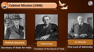Cabinet Mission (1946)
Pethick-lawrence
Secretary of State for India
Stafford Cripps
President of the Board of Trade
A.V. Alexander
First Lord of Admiralty
 