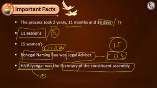 ▪ The process took 2 years, 11 months and 18 days
▪ 11 sessions
▪ 15 women’s
▪ Benegal Narsing Rau was Legal Adviser.
▪ H.V.R Iyengar was the Secretary of the constituent assembly.
Important Facts
 