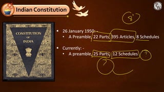 ▪ 26 January 1950: -
• A Preamble, 22 Parts, 395 Articles, 8 Schedules
▪ Currently: -
• A preamble, 25 Parts, 12 Schedules
Indian Constitution
 