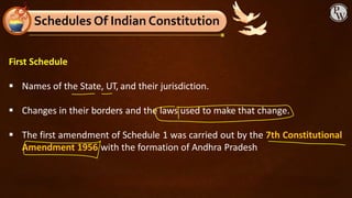 First Schedule
▪ Names of the State, UT, and their jurisdiction.
▪ Changes in their borders and the laws used to make that change.
▪ The first amendment of Schedule 1 was carried out by the 7th Constitutional
Amendment 1956 with the formation of Andhra Pradesh
Schedules Of Indian Constitution
 