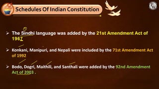 Schedules Of Indian Constitution
➢ The Sindhi language was added by the 21st Amendment Act of
1967
➢ Konkani, Manipuri, and Nepali were included by the 71st Amendment Act
of 1992
➢ Bodo, Dogri, Maithili, and Santhali were added by the 92nd Amendment
Act of 2003 .
 