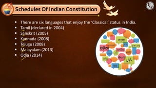 ▪ There are six languages that enjoy the ‘Classical’ status in India.
▪ Tamil (declared in 2004)
▪ Sanskrit (2005)
▪ Kannada (2008)
▪ Telugu (2008)
▪ Malayalam (2013)
▪ Odia (2014)
Schedules Of Indian Constitution
 
