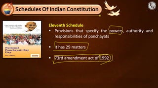 Eleventh Schedule
▪ Provisions that specify the powers, authority and
responsibilities of panchayats
▪ It has 29 matters
▪ 73rd amendment act of 1992
Schedules Of Indian Constitution
 