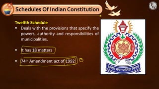 Twelfth Schedule
▪ Deals with the provisions that specify the
powers, authority and responsibilities of
municipalities.
▪ It has 18 matters
▪ 74th Amendment act of 1992
Schedules Of Indian Constitution
 