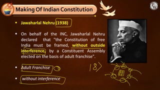 ▪ Jawaharlal Nehru (1938)
▪ On behalf of the INC, Jawaharlal Nehru
declared that "the Constitution of free
India must
interference,
be framed, without outside
by a Constituent Assembly
elected on the basis of adult franchise".
▪ Adult Franchise
▪ without interference
MakingOf Indian Constitution
 