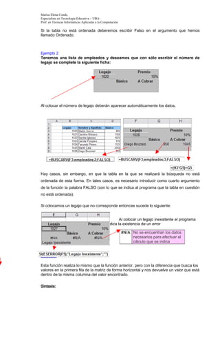 Marisa Elena Conde,
Especialista en Tecnología Educativa – UBA-
Prof. en Técnicas Informáticas Aplicadas a la Computación

Si la tabla no está ordenada deberemos escribir Falso en el argumento que hemos
llamado Ordenado.



Ejemplo 2
Tenemos una lista de empleados y deseamos que con sólo escribir el número de
legajo se complete la siguiente ficha:




Al colocar el número de legajo deberán aparecer automáticamente los datos.




Hay casos, sin embargo, en que la tabla en la que se realizará la búsqueda no está
ordenada de esta forma. En tales casos, es necesario introducir como cuarto argumento
de la función la palabra FALSO (con lo que se indica al programa que la tabla en cuestión
no está ordenada).

Si colocamos un legajo que no corresponde entonces sucede lo siguiente:


                                                        Al colocar un legajo inexistente el programa
                                                indica la existencia de un error

                                                            #N/A No se encuentran los datos
                                                                 necesarios para efectuar el
                                                                 cálculo que se indica


Buscarh

Esta función realiza lo mismo que la función anterior, pero con la diferencia que busca los
valores en la primera fila de la matriz de forma horizontal y nos devuelve un valor que está
dentro de la misma columna del valor encontrado.

Sintaxis:
 
