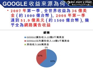 GOOGLE 收益來源為何 ? 2007 年 第一季 , 全世界收益為 36 億美金 ( 約 1000 億台幣 ),  2008 年第一季 達到 51.9 億美元 ( 約 1500 億台幣 ), 幾乎全為 網路廣告收益 