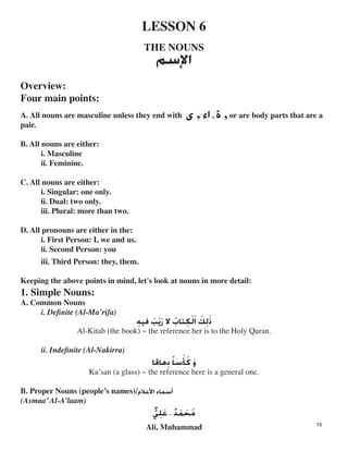 LESSON 6

THE NOUNS

‫ﻢﻢ‬
Overview:

Four main points:

or are body parts that are a,‫ﺓ‬,‫ﺍﺀ‬,‫ﻯ‬A. All nouns are masculine unless they end with
pair.
B. All nouns are either:
i. Masculine
ii. Feminine.
C. All nouns are either:
i. Singular: one only.
ii. Dual: two only.
iii. Plural: more than two.
D. All pronouns are either in the:
i. First Person: I, we and us.
ii. Second Person: you
iii. Third Person: they, them.
Keeping the above points in mind, let's look at nouns in more detail:
1. Simple Nouns:
A. Common Nouns
i. Deﬁnite (Al-Ma’rifa)

‫ﺫ‬‫ﹶ‬‫ﻟ‬‫ﹺ‬‫ﻚ‬‫ﹶ‬‫ﺍ‬‫ﻟ‬‫ﹶ‬‫ﻜ‬‫ﹾ‬‫ﹺ‬‫ﺘﺎﺏ‬‫ﹸ‬‫ﻻ‬‫ﺭ‬‫ﻳ‬‫ﹶ‬‫ﺐ‬‫ﹾ‬‫ﹶ‬‫ﻓﻴﻪ‬‫
ﹺ‬
Al-Kitab (the book) ~ the reference her is to the Holy Quran.

ii. Indeﬁnite (Al-Nakirra)

‫ﹶ‬‫ﹾ‬‫ﹰ‬ ‫ﻭ‬‫ﹶ‬‫ﻛ‬‫ﺄ‬‫ﺳﺎ‬‫ﺩ‬‫ﹺ‬‫ﺎﺎ‬
Ka’san (a glass) ~ the reference here is a general one.
‫ﺃﺳﻤﺎ‬‫ﺀ‬‫ﺍﻷﻋﻼﻡ‬B. Proper Nouns (people’s names)/
(Asmaa’Al-A’laam)
‫ﻲ‬‫
ﱞ‬
Ali, Muhammad
‫ﻠ‬‫
ﹺ‬ ‫ﻣ‬‫ﹸ‬‫ﺤ‬‫ﹶ‬‫ﻤ‬‫ﹶ‬‫ﺪ‬‫ﹲ‬،‫ﻋ‬‫
ﹶ‬
13
 
