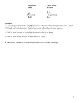 ‫ﺑ‬‫ﹶ‬‫ﻘ‬‫ﹶ‬‫ﺮ‬‫ﹶ‬‫ﺓ‬‫ﹲ‬‫ﺛ‬‫ﹶ‬‫ﻮﺭ‬‫
ﹲ‬
(rajullun) (imra’attun)
Man Woman
(thawrun) (baqaratun)
Bull Cow
Exercise:
1. Look into your copy of the holy Quran and ﬁnd the masculine and feminine words. Collect
10 of each and write them on a sheet of paper and submit them to your teacher.
2. Find 10 word that are in the deﬁnite form and write them down.
3. Find 10 more words that are in their indeﬁnite forms.
4. Vocabulary: memorize the words from this lesson with their meanings.
15
 