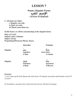 LESSON 7

Nouns: Singular Forms

‫ﺍﻹﺳﻢ‬‫ﺩﺩ‬
(Al-Ism Al-Mufrad)
C. All nouns are either:
i. Singular: one only.
ii. Dual: two only.
iii. Plural: more than two.
In this lesson, we will be concentrating on the singular forms:
Rules of I’raab:
Subject: takes a Damma
Object: Fat-ha
Prepositional/Possessor Phrase: Kasra
Masculine Feminine
‫ﺍ‬‫ﻣ‬‫ﹺ‬‫ﹾ‬‫ﺮ‬‫ﹶ‬‫ﺃ‬‫ﺓ‬‫ﹶ‬‫ﹲ‬‫ﺭ‬‫ﺟ‬‫ﹶ‬‫ﹸ‬‫ﻞ‬‫
ﹲ‬
(rajullun) (imra’atun)
A Man A woman
Singular

‫ﺔ‬‫ﹲ‬‫ﻛ‬‫ﹺ‬‫ﺘﺎﺏ‬‫
ﹲ‬Singular
 ‫ﻨ‬‫
ﱠ‬
(kitaabun) (jannatun)
A Book A Heaven
‫ﺟ‬‫
ﹶ‬
Exercise:
1. Let’s open up the holy Quran and write down 10 singular masculine and feminine word (10
of each).
2. Vocabulary: memorize the words from this lesson with their meanings.
16
 