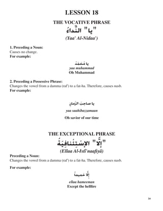 LESSON 18

THE VOCATIVE PHRASE

"‫ﻳﺎ‬"‫ﻨﻨ‬‫
ﹸ‬‫ﺀ‬‫ﺀ‬
(Yaa' Al-Nidaa')
1. Preceding a Noun:
Causes no change.
For example:
‫ﱢ‬
‫ﻳﺎ‬‫ﻣ‬‫ﹸ‬‫ﺤ‬‫ﹶ‬‫ﻤ‬‫ﹶ‬‫ﺪ‬‫
ﹸ‬
‫ﻳﺎ‬‫ﺻﺎﺣ‬‫ﹺ‬‫ﺐ‬‫ﹶ‬‫ﺍﻟﺰ‬‫ﹶ‬‫ﻣﺎﻥ‬‫
ﹺ‬
"‫ﺇ‬"‫ﺍﻹ‬‫ﺳ‬‫ﹾ‬‫ﺘ‬‫ﺌ‬‫ﹾ‬‫ﻨﺎﻓ‬‫ﻴ‬‫ﹶ‬‫ﺔ‬‫
ﹸ‬
‫ﹺ‬‫ﹺ‬‫ﹺ‬ ‫ﻻ‬‫ﹺ‬
‫ﱠ‬
(Ellaa Al-Isti'naaﬁya)
Preceding a Noun:
Changes the vowel from a damma (raf') to a fat-ha. Therefore, causes nasb.
For example:
‫ﱠ‬ ‫ﺇ‬‫ﻻ‬‫
ﹺ‬‫ﺣ‬‫ﹶ‬‫ﻤﻴﻤﺎ‬‫
ﹰ‬
yaa muhammad
Oh Muhammad
2. Preceding a Possessive Phrase:
Changes the vowel from a damma (raf') to a fat-ha. Therefore, causes nasb.
For example:
yaa saahibazzamaan
Oh savior of our time
THE EXCEPTIONAL PHRASE

ellaa hameeman
Except the hellﬁre
34
 