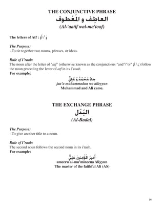 THE CONJUNCTIVE PHRASE

‫ﺍﻟﻌﺎ‬‫ﻃ‬‫ﹺ‬‫ﻒ‬‫ﻭ‬‫ﺍﳌ‬‫ﻌ‬‫ﹶ‬‫ﹾ‬‫ﻑﻑ‬
(Al-'aatif wal-ma'toof)

‫ﻭ‬‫ﹶ‬/‫ﺃ‬‫ﻭ‬‫ﹶ‬‫ﹾ‬The letters of Atf :
The Purpose:
- To tie together two nouns, phrases, or ideas.
Rule of I’raab:
The noun after the letter of "atf" (otherwise known as the conjunctions "and"/"or"
the noun preceding the letter of atf in its i’raab.
For example:
‫ﱞ‬ ‫ﺟﺎﺀ‬‫ﹶ‬‫ﻣ‬‫ﹸ‬‫ﺤ‬‫ﹶ‬‫ﻤ‬‫ﹶ‬‫ﺪ‬‫ﹲ‬‫ﻭ‬‫ﹶ‬‫ﻋ‬‫ﹶ‬‫ﻠ‬‫ﻲ‬‫
ﹺ‬
jaa’a muhammadun wa alleyyun
Muhammad and Ali came.
THE EXCHANGE PHRASE

‫ﺍﻟﺒ‬‫ﹶ‬‫ﺪ‬‫ﹶ‬‫ﻝ‬
(Al-Badal)
The Purpose:
- To give another title to a noun.
Rule of I’raab:
The second noun follows the second noun in its i'raab.
For example:

‫ﻲ‬‫ﱞ‬
ameeru al-mu’mineena Aliyyun
The master of the faithful Ali (AS)
‫ﻠ‬‫
ﹺ‬
‫ﹶ‬‫ﹸ‬‫ﹾ‬ ‫ﻣﻴﺮ‬‫ﹸ‬‫ﺍﳌ‬‫ﺆ‬‫ﻣ‬‫ﹺ‬‫ﻨﲔ‬‫ﹶ‬‫ﻋ‬‫
ﹶ‬ ‫ﺃ‬
) follow‫ﻭ‬‫ﹶ‬/‫ﺃ‬‫ﻭ‬‫ﹶ‬‫ﹾ‬
36
 