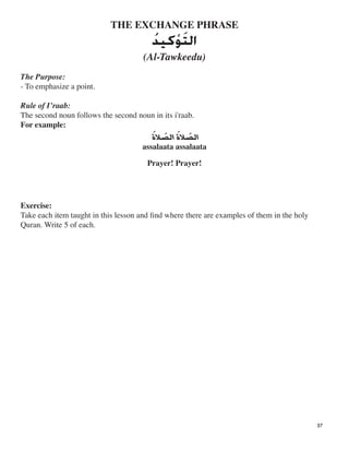 THE EXCHANGE PHRASE

‫ﺍﻟﺘ‬‫ﹶ‬‫ﻮ‬‫ﹾ‬‫ﻛﻴﺪ‬‫
ﹸ‬
(Al-Tawkeedu)
The Purpose:
- To emphasize a point.
Rule of I’raab:
The second noun follows the second noun in its i'raab.
For example:

‫ﺍﻟﺼ‬‫ﹶ‬‫ﻼﺓ‬‫ﹶ‬‫ﺍﻟﺼ‬‫ﹶ‬‫ﻼﺓ‬‫ﹶ‬
assalaata assalaata
Prayer! Prayer!
Exercise:
Take each item taught in this lesson and ﬁnd where there are examples of them in the holy
Quran. Write 5 of each.
37
 