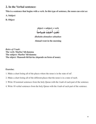 2. In the Verbal sentence:

This is a sentence that begins with a verb. In this type of sentence, the noun can exist as:‫ﹸ‬
A. Subject
B. Object
‫
ﹰ‬
object + subject + verb
‫ﺫ‬‫ﹶ‬‫ﻫ‬‫ﹶ‬‫ﺐ‬‫ﹶ‬‫ﺃ‬‫ﺣ‬‫ﹶ‬‫ﹾ‬‫ﻤ‬‫ﹶ‬‫ﺪ‬‫ﹸ‬‫ﺻ‬‫ﹶ‬‫ﺎﺎ‬
dhahaba ahmadun sabaahan
Ahmad went in the morning
Rules of I’raab:
The verb: Marfoo’ bil-damma
The subject: Marfoo’ bil-damma
The object: Mansoob bil-fat-ha (depends on form of noun).
Exercise:
1. Make a chart listing all of the places where the noun is in the state of raf'.
2. Make a chart listing all of the different places that the noun is in a state of nasb.
3. Write 10 nominal sentences from the holy Quran with the i'raab of each part of the sentence.
4. Write 10 verbal sentences from the holy Quran with the i'raab of each part of the sentence.
41
 