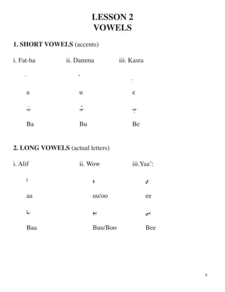 LESSON 2

VOWELS

1. SHORT VOWELS (accents)
i. Fat-ha ii. Damma iii. Kasra

‫ﹺ‬‫ﹸ‬‫
ﹶ‬
a u e

‫ﺏ‬‫ﹺ‬‫ﺏ‬‫ﹸ‬‫ﺏ‬‫
ﹶ‬
Ba Bu Be
2. LONG VOWELS (actual letters)
i. Alif ii. Wow iii.Yaa’:
‫ﺍ‬ ‫ﻭ‬ ‫ﻱ‬
aa uu/oo ee
‫ﺑﺎ‬ ‫ﺑﻮ‬ ‫ﺑﻲ‬
Baa Buu/Boo Bee
5
 