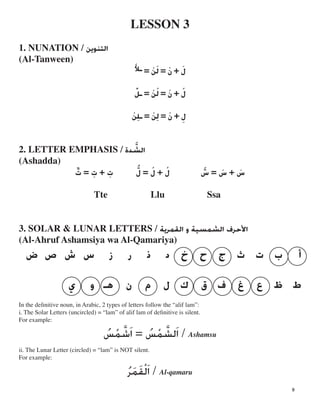 LESSON 3

‫ﻝ‬‫ﹶ‬+‫ﻥ‬‫ﹾ‬=‫ﻟ‬‫ﹶ‬‫ﻦ‬‫ﹾ‬=‫ـﻼ‬‫ﹶ‬‫
ﹰ‬
‫ﻝ‬‫ﹸ‬+‫ﻥ‬‫ﹾ‬=‫ﻟ‬‫ﹸ‬‫ﻦ‬‫ﹾ‬=‫ـﻞ‬‫
ﹲ‬
‫ﻝ‬‫ﹺ‬+‫ﻥ‬‫ﹾ‬=‫ﻟ‬‫ﹺ‬‫ﻦ‬‫ﹾ‬=‫ـﻠ‬‫ﹺ‬‫ﻦ‬‫
ﹾ‬
‫ﱠ‬‫ﺸﺸ‬
‫ﻝ‬‫ﹸ‬+‫ﻝ‬‫
ﹸ‬
‫ﺍﻟﺘﻨﻮﻳﻦ‬1. NUNATION / 

(Al-Tanween)
‫ﱢ‬
‫ﺪ‬‫ﺓ‬2. LETTER EMPHASIS /

(Ashadda)
+‫ﺕ‬‫ﹺ‬=‫ﺕ‬ ‫ﺱ‬‫ﹶ‬+‫ﺱ‬‫
ﹶ‬‫ﱡ‬ =‫ﺱ‬=‫ﻝ‬
Tte Llu Ssa

‫
ﱠ‬‫ﺕ‬‫
ﹺ‬
‫ﺥ‬ ‫ﺡ‬ ‫ﺝ‬
3. SOLAR & LUNAR LETTERS / ‫ﺍﻟﻘﻤﺮﻳﺔ‬ ‫ﻭ‬ ‫ﺍﻟﺸﻤﺴﻴﺔ‬ ‫ﺍﻷﺣﺮﻑ‬
(Al-Ahruf Ashamsiya wa Al-Qamariya)
‫ﺏ‬ ‫ﺃ‬‫ﺕ‬‫ﺙ‬‫ﺩ‬‫ﺫ‬‫ﺭ‬‫ﺯ‬‫ﺱ‬‫ﺵ‬‫ﺹ‬‫ﺽ‬
‫ﻫـ‬‫ﻭ‬‫ﻱ‬ ‫ﻥ‬ ‫ﻡ‬ ‫ﻝ‬ ‫ﻙ‬ ‫ﻕ‬ ‫ﻑ‬ ‫ﻍ‬ ‫ﻉ‬ ‫ﻅ‬ ‫ﻁ‬
‫ﱠ‬
In the deﬁnitive noun, in Arabic, 2 types of letters follow the “alif lam”:
i. The Solar Letters (uncircled) = “lam” of alif lam of deﬁnitive is silent.
For example:
‫ﻟﺸ‬‫ﱠ‬‫ﺷ‬ Ashamsu/‫ﺍ‬‫
ﹶ‬‫
ﹶ‬ ‫ﻤ‬‫ﹾ‬‫ﺲ‬‫ﹸ‬=‫ﺍ‬‫ﻤ‬‫ﹾ‬‫ﺲ‬‫
ﹸ‬
ii. The Lunar Letter (circled) = “lam” is NOT silent.
For example:
Al-qamaru/‫ﺍ‬‫ﻟ‬‫ﹶ‬‫ﻘ‬‫ﹾ‬‫ﹶ‬‫ﻤ‬‫ﹶ‬‫ﺮ‬‫ﹸ‬
9
 